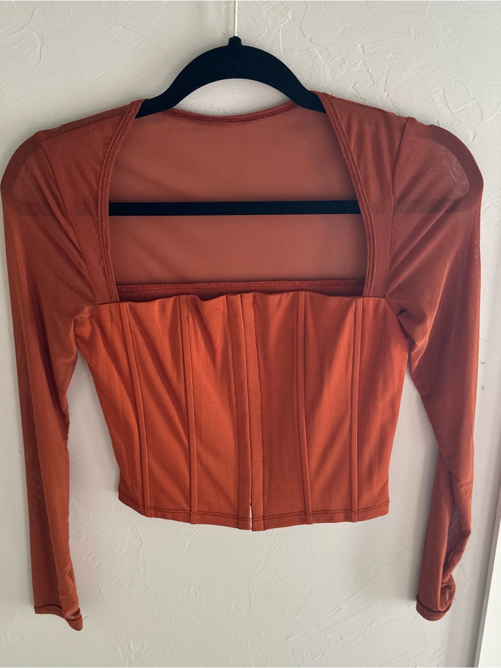SHEIN Rust Square-Neck Long Sleeve Corset Crop Top